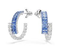 Swarovski Anneaux d'oreilles de la collection Matrix, cristaux incolores et bleus de tailles baguette et ronde, avec un sertissage griffes, en métal rhodié