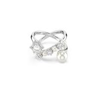 Swarovski Bague Cocktail Matrix, sertie d'une diagonale de Zirconia et perles, sur structure ajouré, perle de cristal ronde blanche, design ouvert, élégante et moderne, métal rhodié, taille 50