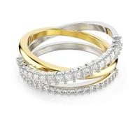 Swarovski Bague Hyperbola blanche, design torsadé trois anneaux, ornée de Zirconia ronde et carrée, tailles variées, style audacieux, mix métal plaqué or et argent, taille 52