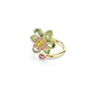 Swarovski Bague ouverte Idyllia, fleur centrale en cristaux verts, roses et jaunes, monture en spirale, design inspiré de la nature, placage de ton or, taille 50