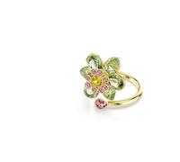 Swarovski Bague ouverte Idyllia, fleur centrale en cristaux verts, roses et jaunes, monture en spirale, design inspiré de la nature, placage de ton or, taille 58