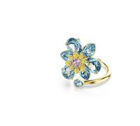 Swarovski Bague ouverte Idyllia, tailles mixtes, fleur, bleu, plaqué or, cristal, zircon cubique, Cristal, Zircone cubique