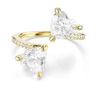 Swarovski Bague ouverte Mesmera, sertie de cristaux en forme de cœur pavé blanc, anneau ouvert avec deux Zircones, bande pavée scintillante, finition plaqué ton or, taille 55