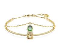Swarovski Bracelet-jonc Stilla composé d'un anneau rigide, d'une chaîne souple et ornés de cristaux incolores et d'une pierre verte, en placage de ton or