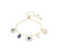 Swarovski Bracelet Symbolica, Perle de cristal, Trèfle à quatre feuilles, œil porte-bonheur et fer à cheval, Bleu, Placage de ton or