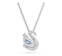 Swarovski Collier pendentif Swan, cristaux Zirconia incolores de tailles variées, détail cristal bleu, pendant en forme de cygne, chaîne en métal rhodié