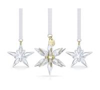 Swarovski Décoration Édition Annuelle 2025, Set de 3 étoiles, Dont Une en 3D, Cristal incolores, sphère et détails en métal Ton Champagne, accrochées à des Rubans en Gros-Grain Blanc