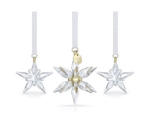Swarovski Décoration Édition Annuelle 2025, Set de 3 étoiles, Dont Une en 3D, Cristal incolores, sphère et détails en métal Ton Champagne, accrochées à des Rubans en Gros-Grain Blanc
