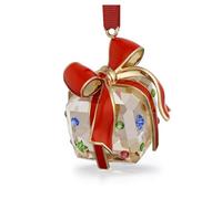 Swarovski Décoration Holiday Cheers, Cadeau en Cristal doré à 426 facettes, Finition métal de Ton Champagne et laqué de Rouge, Suspendue à Un Ruban en Gros-Grain Rouge