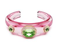 Swarovski Manchette Dulcis multicolore, trois cristaux verts entourés de pavé rose sur bracelet rose vif, manchette mode bonbon, placage ton or, taille M