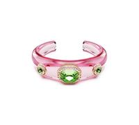 Swarovski Manchette Dulcis multicolore, trois cristaux verts entourés de pavé rose sur bracelet rose vif, manchette mode bonbon, placage ton or, taille L