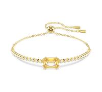 Swarovski Bracelet Tennis de la collection Matrix, avec des cristaux incolores et marron de tailles baguette et ronde, fermoir boule coulissante, placage de ton or