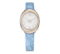 Swarovski Montre Imber Ovale, fabriquée en Suisse, avec Un Bracelet en Cuir Bleu et Finition Champagne doré, étanche 50 m, mécanisme Suisse Quartz, en Acier Inoxydable