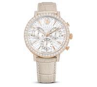 Swarovski Montre Matrix tennis chrono, cadran de ton argenté, bracelet en cuir beige au motif crocodile, chronographe suisse quartz, étanche 50 m, boîtier 36 mm, acier inoxydable, finition ton or rose
