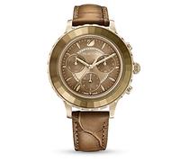 Swarovski Montre Octea Lux Chrono, bracelet en cuir brun, cadran ensoleillé ton or et détails en cristal