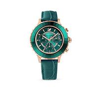 Swarovski Montre Octea Lux Chrono, Bracelet En Cuir, Vert, Pvd Doré Rose
