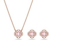 Swarovski Parure Sparkling Dance, pendentif et boucles d'oreilles, motif trèfle avec cristaux blancs et roses sertis sur un placage de ton or rosé