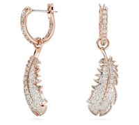Swarovski Pendants d'oreilles Nice, plumes blanches suspendues à des créoles, ornées d'un pavage de cristaux roses, en placage de ton or rosé