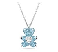 Swarovski Pendentif Teddy, ours bleu 3D recouvert de cristaux bleus Pointiage tenant un cœur Dancing Stone incolore, fermoir mousqueton, chaîne en métal rhodié