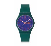 Swatch Montre analogique, cadran bleu avec chiffres orange, boîtier et bracelet vert foncé mat, affichage du jour et de la date SO28N706