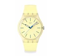 Swatch Montre analogique, cadran jaune clair texturé, aiguilles luminescentes, boîtier transparent SO29J102