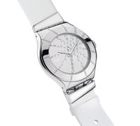 Swatch Montre Femme Acier Cadran Argent Bracelet Cuir Blanc YNS110