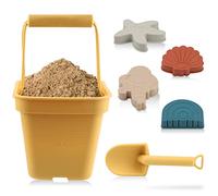 SWAWIS Ensemble de 6 Jouets de Sable, Jouets de Plage en Silicone pour Bébé avec Seau Plage, Sable Animal Moule Jouet Pellette,Jaune