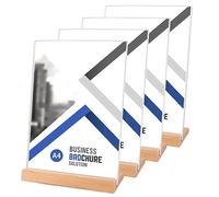 SWAWIS Lot de 4 Présentoir de Table A4 Acrylique Base Bois Porte Affiche | Porte affiche et porte menu pour cafés, restaurants et hôtel, présentation élégante et stable, changement rapide du document