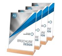 SWAWIS Lot de 4 Présentoir de Table A5 Acrylique Base Bois Porte Affiche | Porte affiche et porte menu pour cafés, restaurants et hôtel, présentation élégante et stable, changement rapide du document