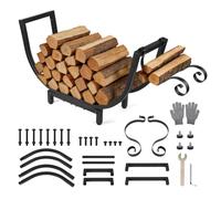 SWAWIS Range Buche Forme de U en Métal 62x20,5x36cm avec Gants et Crochets | Porte-Bûches pour Rangement de Bois, Étagère à Bois de Cheminée pour Intérieur et Extérieur, Facile à Monter et à Transporter