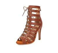 SWDZM Bottes de Bal Latino-américaines pour Femmes avec Bout Ouvert avec Talon Salsa Ballroom Shoes Salon,Talon-9.5cm,Marron,EU 43