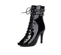 SWDZM Bottines Danse Latine Femme à Bout Ouvert et à Lacets Salsa Ballroom Jazz Dance Heels,Talon-9.5cm,Noir,EU 38.5