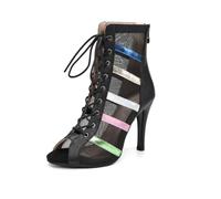 SWDZM Bottines Danse Latine Femme Lacets Talons Hauts | Texture de peau de lychée,maille pure,semelle en cuir de vache,hauteur de 9,5 cm,respirant, facile à mettre,Rayures colorées