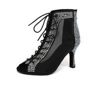 SWDZM Bottines de Danse Femme Strass Peep Toe Lacets Talons Hauts Latin Salsa Show Party Dance Boots,Noir,Talon-8.5CM,EU 43
