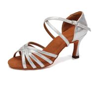 SWDZM Chaussure Danse Latine Femme Satin Open Toe Ballroom Practice Salsa Dance Shoes,Argent,EU 39