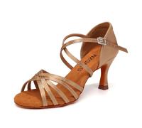 SWDZM Chaussure Danse Latine Femme Satin Open Toe Ballroom Practice Salsa Dance Shoes,Beige,EU 39