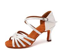 SWDZM Chaussure Danse Latine Femme Satin Open Toe Ballroom Practice Salsa Dance Shoes,Blanc,EU 40