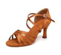 SWDZM Chaussure Danse Latine Femme Satin Open Toe Ballroom Practice Salsa Dance Shoes,Marron,EU 34