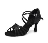 SWDZM Chaussure Danse Latine Femme Satin Open Toe Ballroom Practice Salsa Dance Shoes,Noir,EU 38