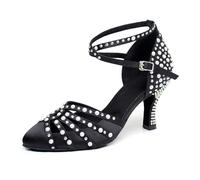 SWDZM Chaussure de Danse Fermé pour Femmes Perles et Strass Salsa Tango Latin Party Dancing Shoes,Black,Talon-7.5cm,EU 37.5