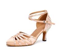 SWDZM Chaussure de Danse Fermé pour Femmes Perles et Strass Salsa Tango Latin Party Dancing Shoes,Rose,Talon-7.5cm,EU 37