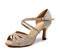 SWDZM Chaussures de Danse Femmes Latine,Salsa,Tango,Valse,Bachata,Semelle en daimc,QJW1031,Tacco-7.5CM,Or, 35EU