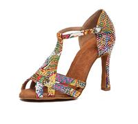 SWDZM Chaussures de Danse Latine en T pour Femmes Ballroom Tango Character Performance Practice Dance Shoes,L547,Jaune,Talon-10CM,EU 37.5