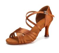 SWDZM Chaussures de Danse Latine Femme Satin Bout Ouvert de Salon Tango Valse Salsa,Marron,Talon 7.5cm,Semelle en Daim,EU 38