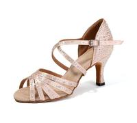 SWDZM Chaussures de Danse Latine Femme Satin et Paillettes Strass Professionnel Salsa Tango Bachata Chaussures de Danse,L377,Talon-7.5cm,Rose,42 EU