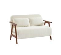 sweeek - Banquette canapé Convertible 2 Places Bois d'hévéa teinté Noyer Clair et Bouclette texturée Blanche L 133 x P 81 x 84cm - Sven