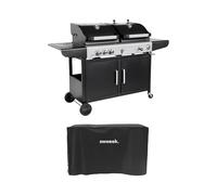 Barbecue 2 en 1 gaz et charbon, 3 brûleurs + 1 feu latéral, grill et fumoir avec tablettes et housse MARSAC AVEC HOUSSE