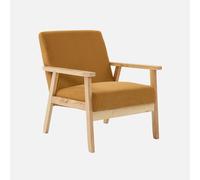 Fauteuil vintage / scandinave structure en bois et contreplaqué et assise en velours côtelé coloris moutarde