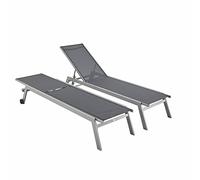 Lot de 2 bains de soleil ELSA en aluminium gris et textilène gris foncé. transats multi positions avec roulettes