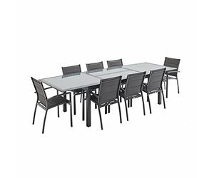 swe lice's Garden - Table de Jardin Extensible Aluminium + 8 assises Gris Anthracite - Table en Aluminium 200/300cm. Plateau de Verre. rallonge et 8 fauteuils en textilène